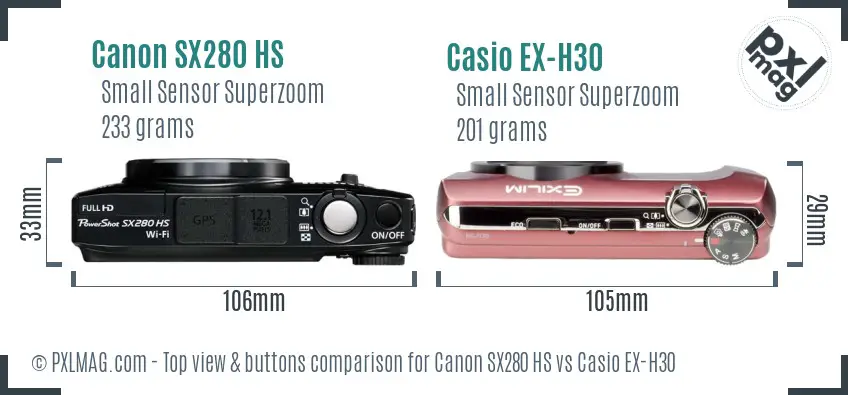 Canon SX280 HS vs Casio EX-H30 top view buttons comparison Canon SX280 HS vs Casio EX-H30 top view buttons comparison