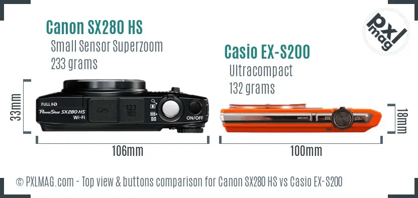 Canon SX280 HS vs Casio EX-S200 top view buttons comparison