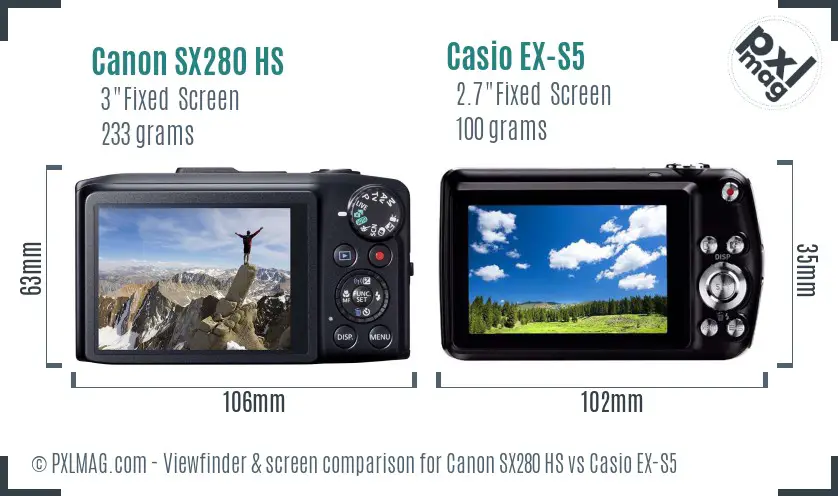 Canon SX280 HS vs Casio EX-S5 Screen and Viewfinder comparison