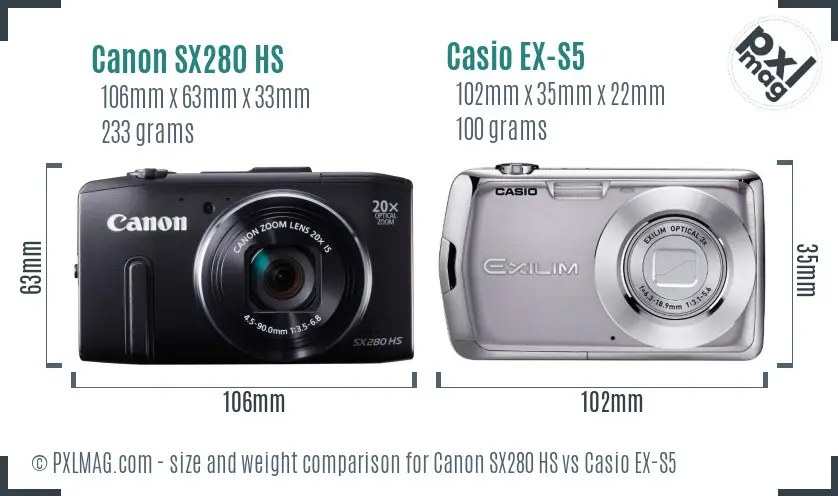 Canon SX280 HS vs Casio EX-S5 size comparison