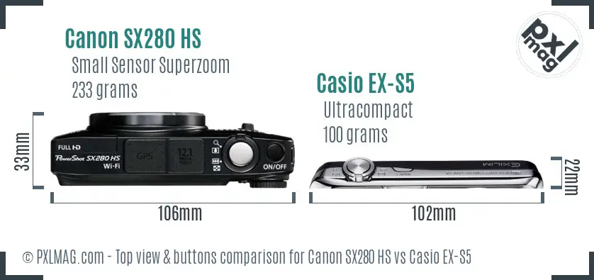 Canon SX280 HS vs Casio EX-S5 top view buttons comparison