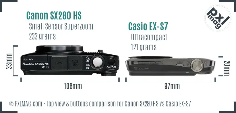 Canon SX280 HS vs Casio EX-S7 top view buttons comparison