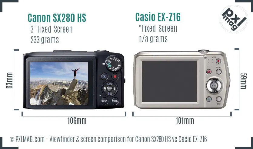 Canon SX280 HS vs Casio EX-Z16 Screen and Viewfinder comparison