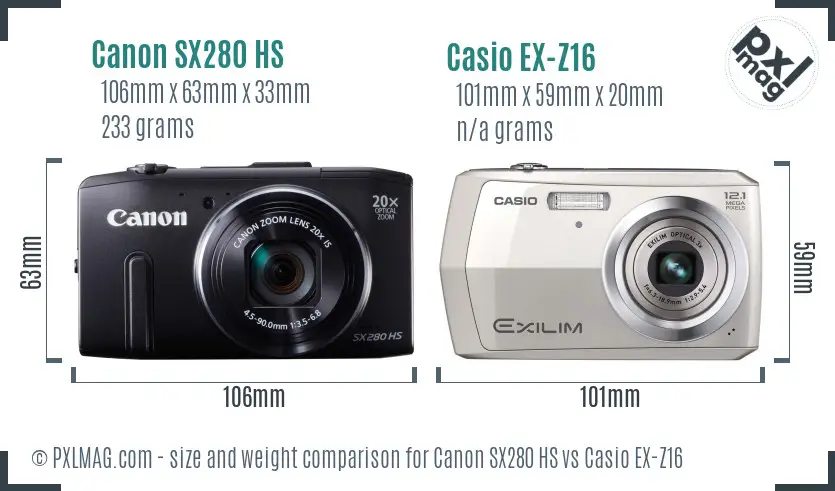 Canon SX280 HS vs Casio EX-Z16 size comparison