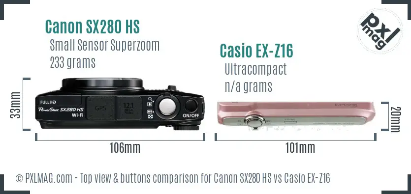 Canon SX280 HS vs Casio EX-Z16 top view buttons comparison