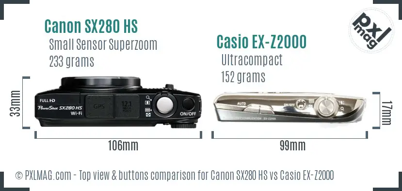 Canon SX280 HS vs Casio EX-Z2000 top view buttons comparison