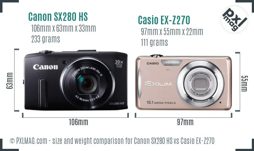Canon SX280 HS vs Casio EX-Z270 size comparison