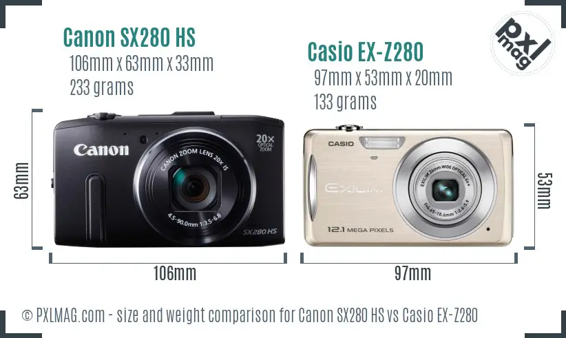 Canon SX280 HS vs Casio EX-Z280 size comparison