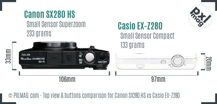 Canon SX280 HS vs Casio EX-Z280 top view buttons comparison