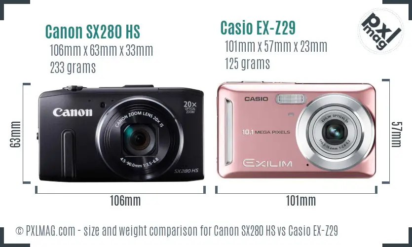 Canon SX280 HS vs Casio EX-Z29 size comparison Canon SX280 HS vs Casio EX-Z29 size comparison