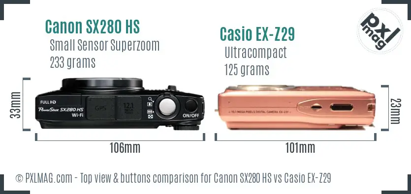 Canon SX280 HS vs Casio EX-Z29 top view buttons comparison Canon SX280 HS vs Casio EX-Z29 top view buttons comparison