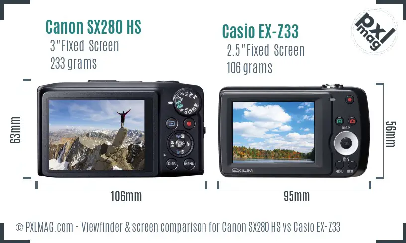Canon SX280 HS vs Casio EX-Z33 Screen and Viewfinder comparison