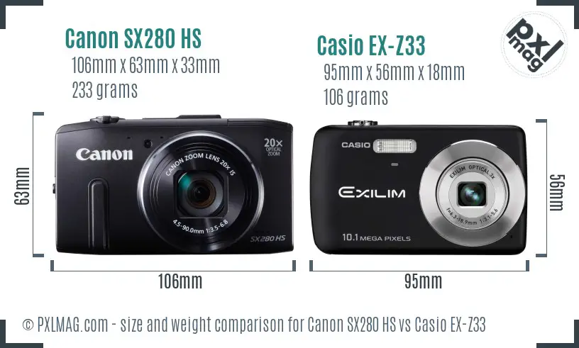 Canon SX280 HS vs Casio EX-Z33 size comparison