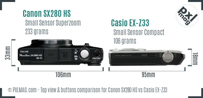 Canon SX280 HS vs Casio EX-Z33 top view buttons comparison
