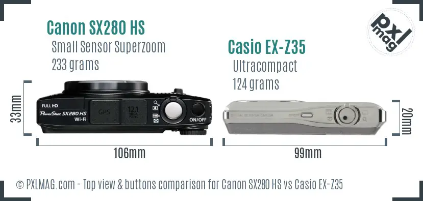 Canon SX280 HS vs Casio EX-Z35 top view buttons comparison