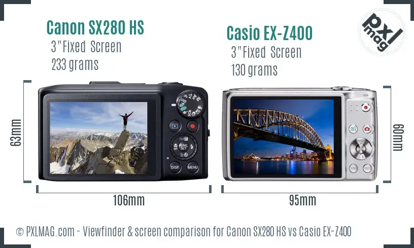 Canon SX280 HS vs Casio EX-Z400 Screen and Viewfinder comparison
