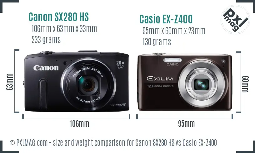 Canon SX280 HS vs Casio EX-Z400 size comparison