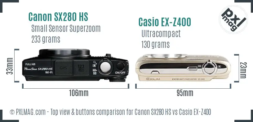 Canon SX280 HS vs Casio EX-Z400 top view buttons comparison
