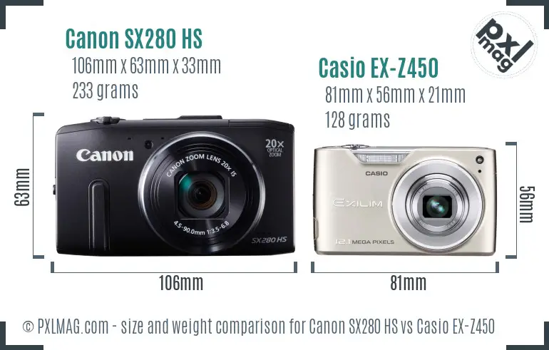Canon SX280 HS vs Casio EX-Z450 size comparison