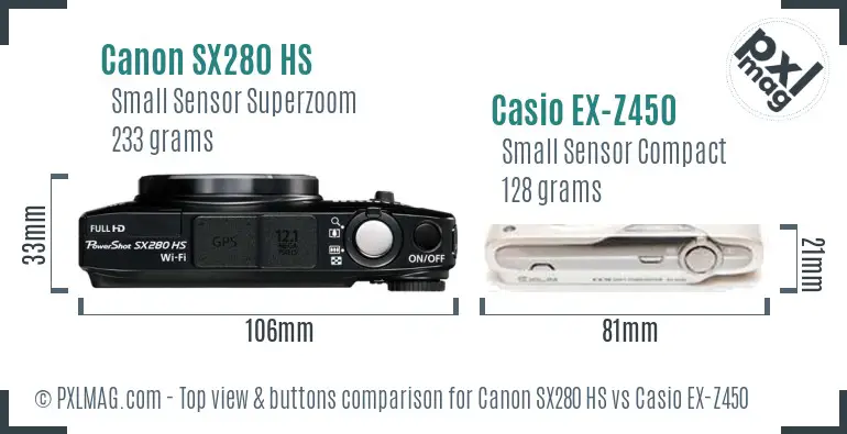 Canon SX280 HS vs Casio EX-Z450 top view buttons comparison