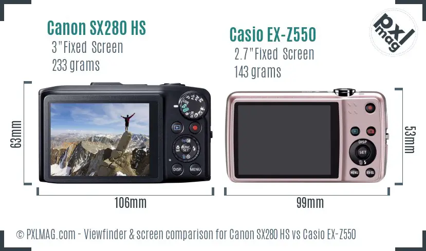 Canon SX280 HS vs Casio EX-Z550 Screen and Viewfinder comparison