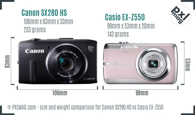 Canon SX280 HS vs Casio EX-Z550 size comparison