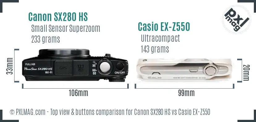 Canon SX280 HS vs Casio EX-Z550 top view buttons comparison