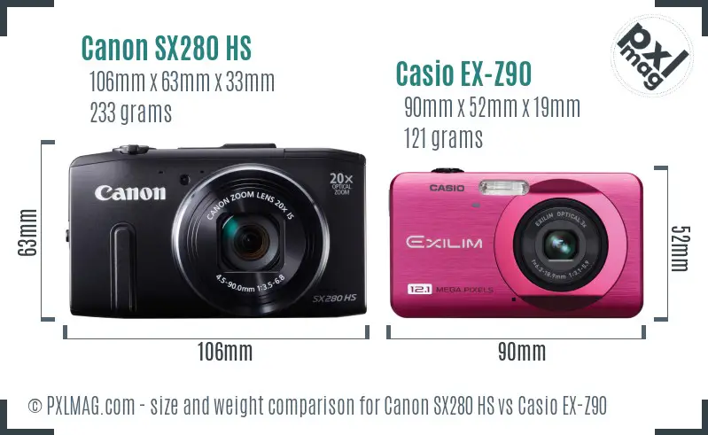 Canon SX280 HS vs Casio EX-Z90 size comparison