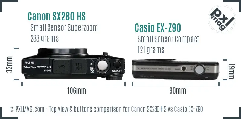 Canon SX280 HS vs Casio EX-Z90 top view buttons comparison