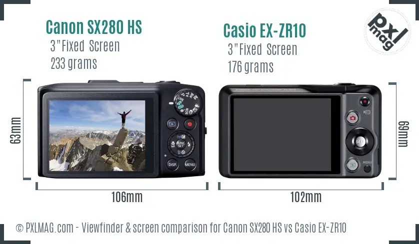 Canon SX280 HS vs Casio EX-ZR10 Screen and Viewfinder comparison