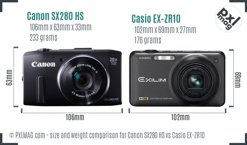 Canon SX280 HS vs Casio EX-ZR10 size comparison