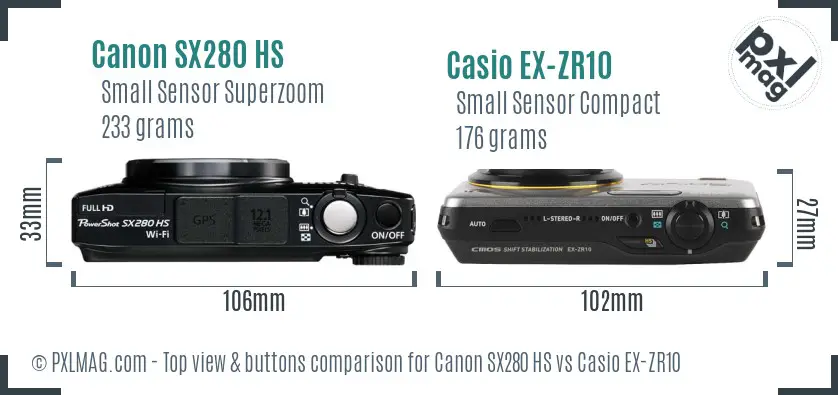 Canon SX280 HS vs Casio EX-ZR10 top view buttons comparison