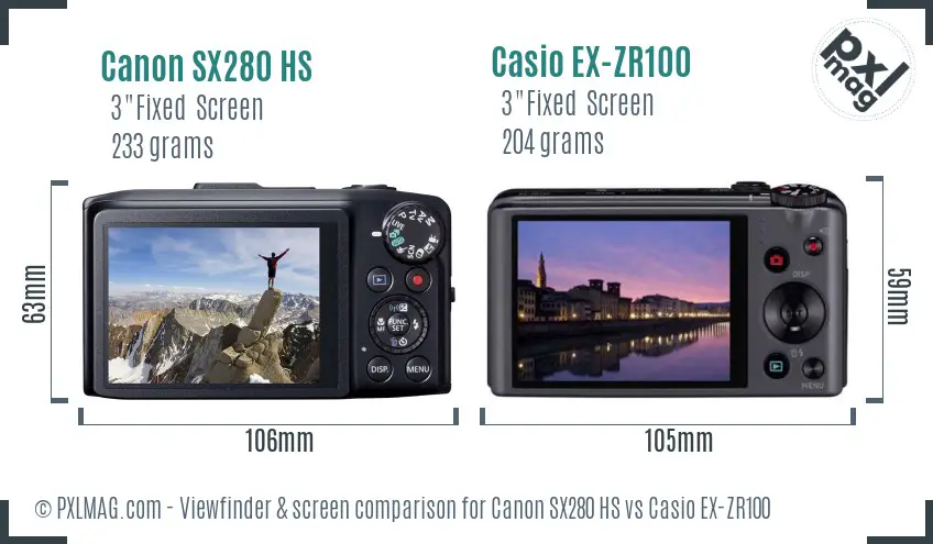Canon SX280 HS vs Casio EX-ZR100 Screen and Viewfinder comparison
