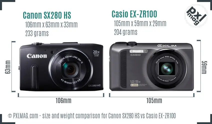 Canon SX280 HS vs Casio EX-ZR100 size comparison