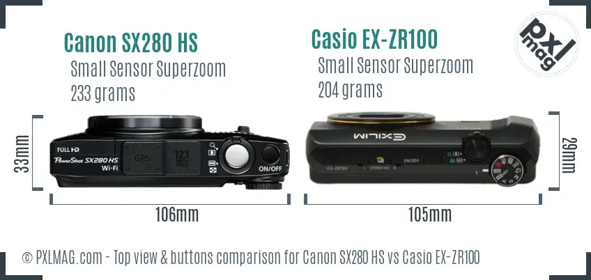 Canon SX280 HS vs Casio EX-ZR100 top view buttons comparison