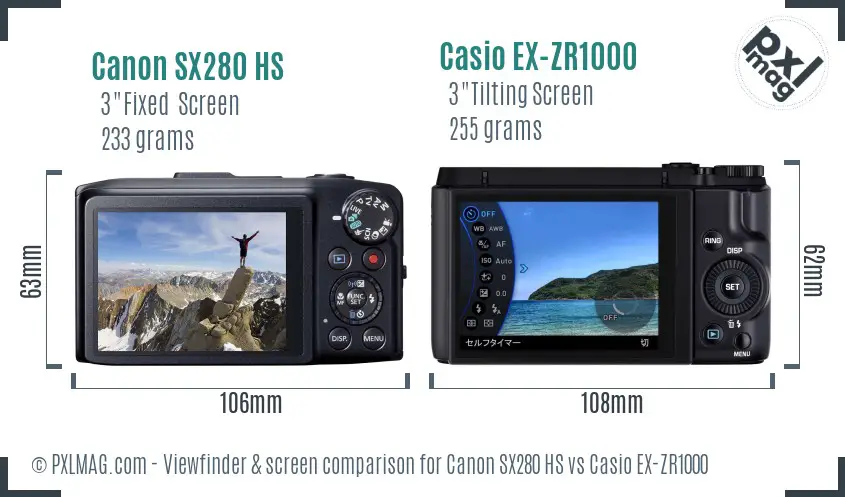 Canon SX280 HS vs Casio EX-ZR1000 Screen and Viewfinder comparison