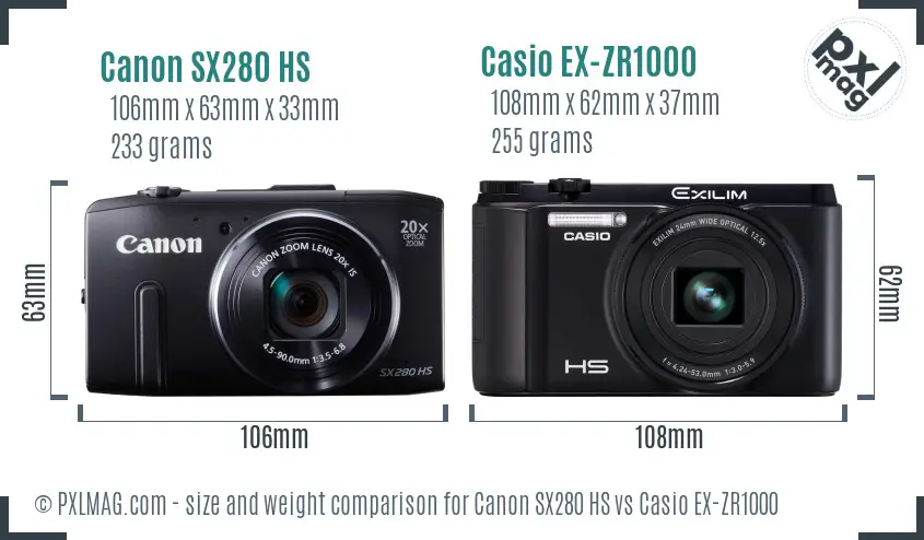 Canon SX280 HS vs Casio EX-ZR1000 size comparison