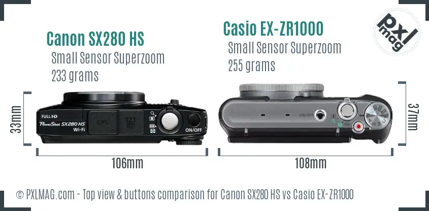 Canon SX280 HS vs Casio EX-ZR1000 top view buttons comparison