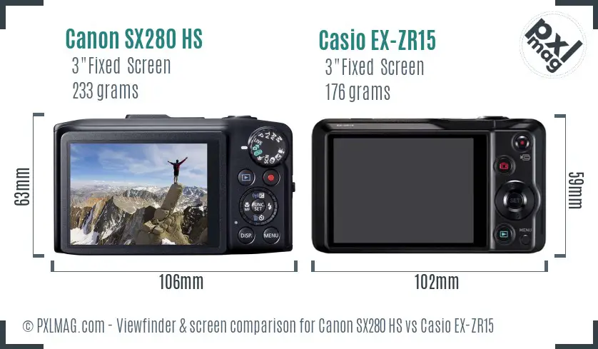 Canon SX280 HS vs Casio EX-ZR15 Screen and Viewfinder comparison