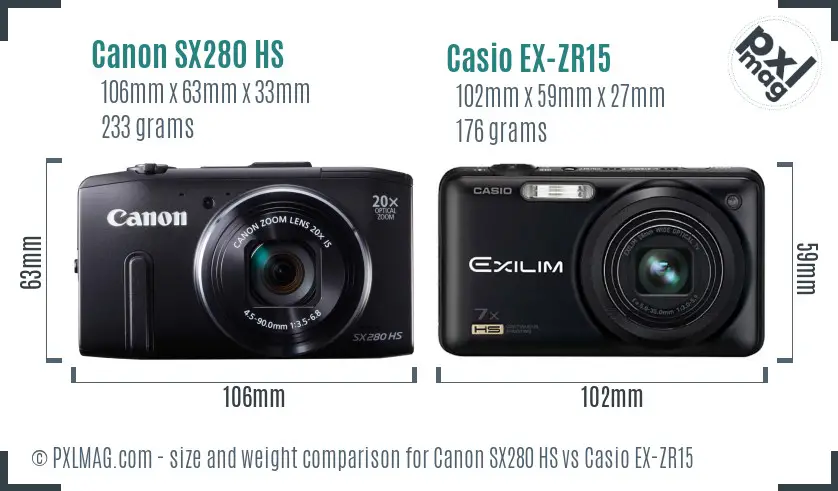 Canon SX280 HS vs Casio EX-ZR15 size comparison