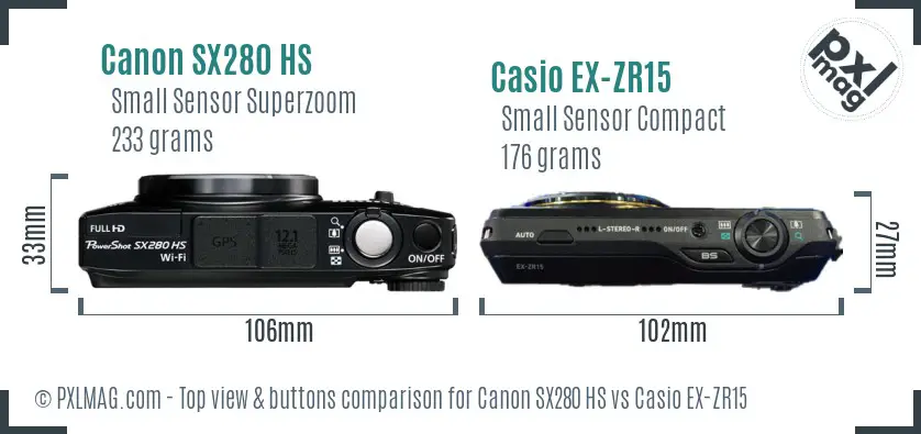 Canon SX280 HS vs Casio EX-ZR15 top view buttons comparison