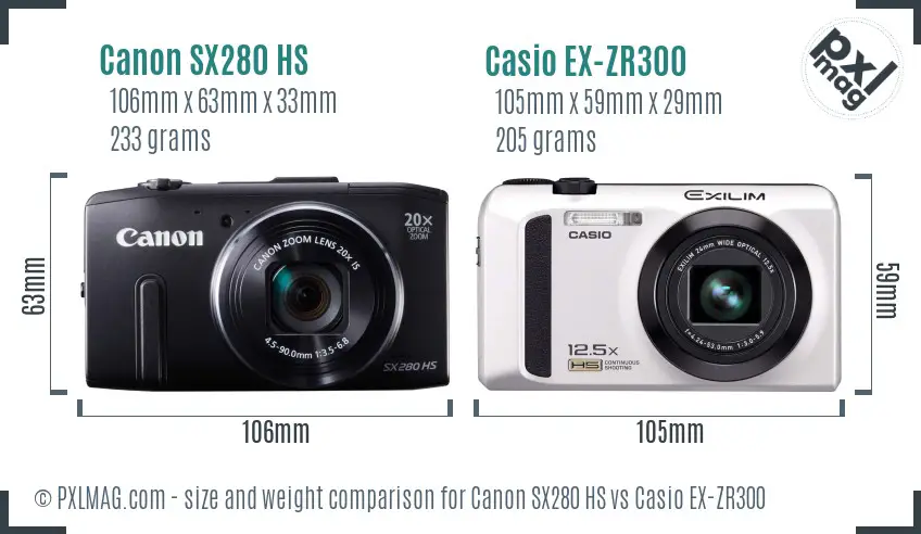 Canon SX280 HS vs Casio EX-ZR300 size comparison