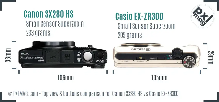 Canon SX280 HS vs Casio EX-ZR300 top view buttons comparison