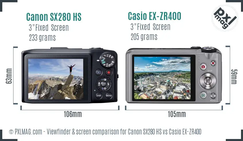 Canon SX280 HS vs Casio EX-ZR400 Screen and Viewfinder comparison