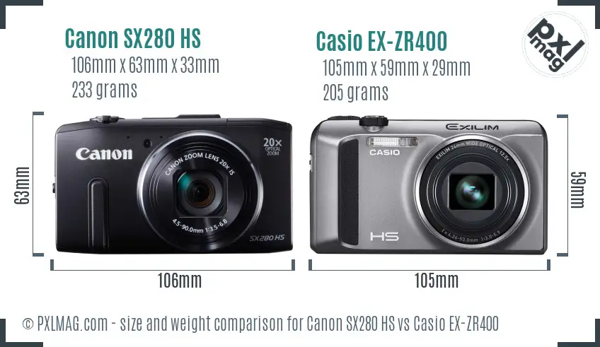 Canon SX280 HS vs Casio EX-ZR400 size comparison