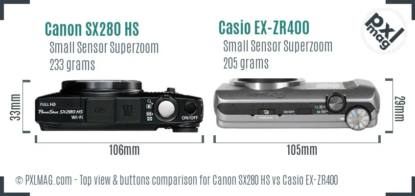 Canon SX280 HS vs Casio EX-ZR400 top view buttons comparison