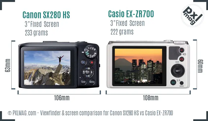 Canon SX280 HS vs Casio EX-ZR700 Screen and Viewfinder comparison