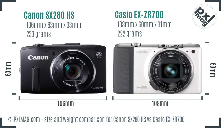 Canon SX280 HS vs Casio EX-ZR700 size comparison