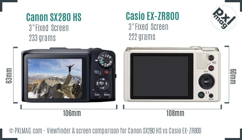 Canon SX280 HS vs Casio EX-ZR800 Screen and Viewfinder comparison