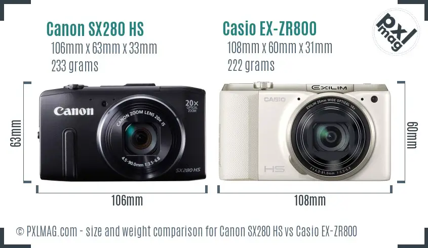 Canon SX280 HS vs Casio EX-ZR800 size comparison